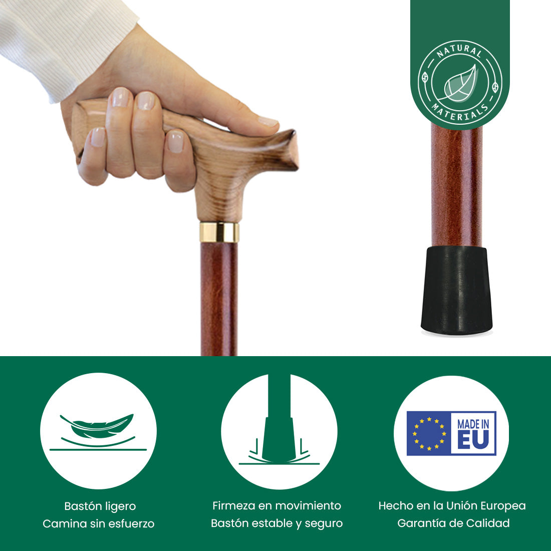 Bastón de Paseo 200 | Palo y Puño de Madera Haya | Cómodo y Ligero | Puño Decorativo y Elegante | Rígido y Resistente | Flexor Care