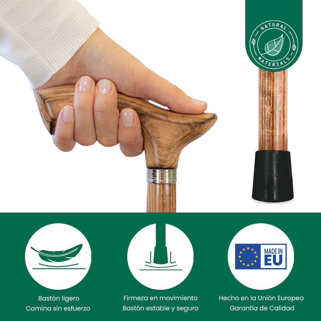 Bastón de Paseo 204 | Palo y Puño de Madera Haya | Cómodo y Ligero | Puño Decorativo y Elegante | Rígido y Resistente | Flexor Care