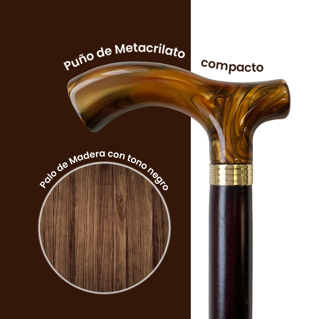 Bastón para Movilidad Reducida 453 | Palo de Madera | Puño metacrilato Marrón | Cómodo y Ligero | Rígido y Resistente