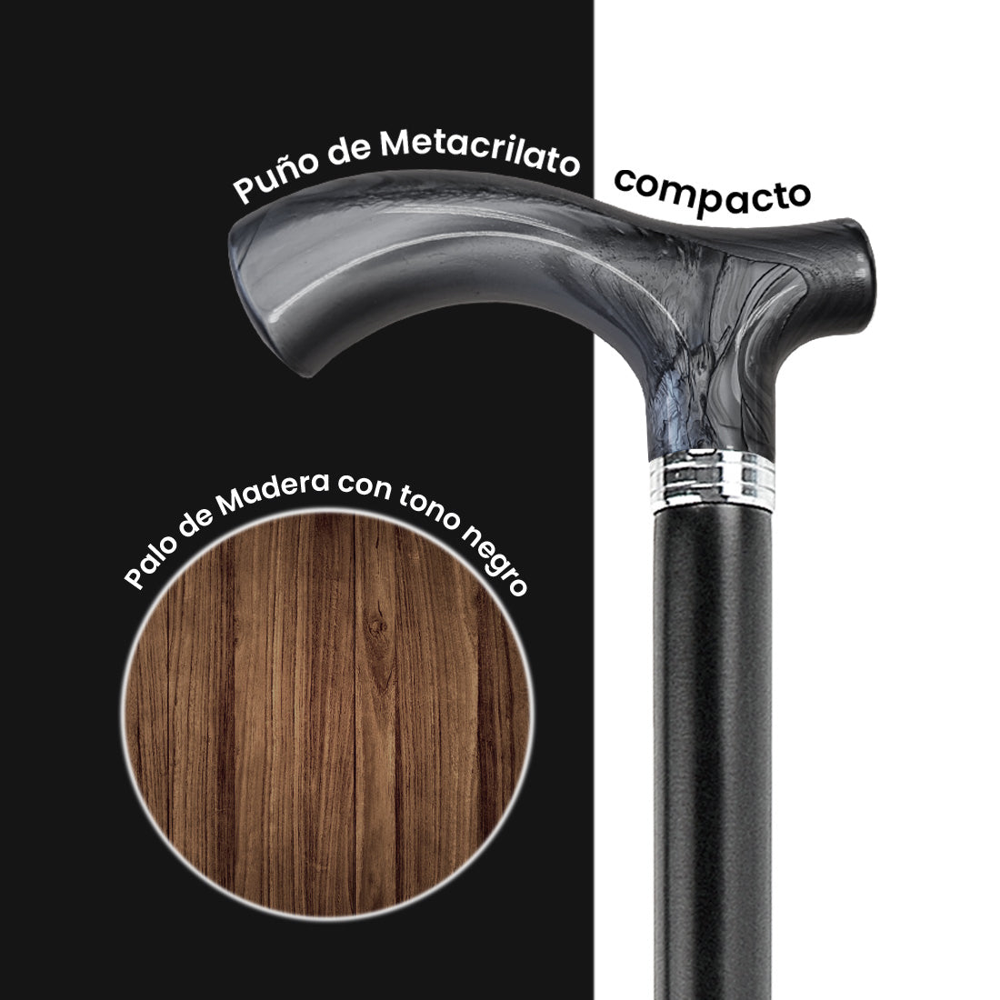 Bastón para Movilidad Reducida 454 | Palo de Madera | Puño metacrilato Gris | Cómodo y Ligero | Rígido y Resistente | Flexor Care