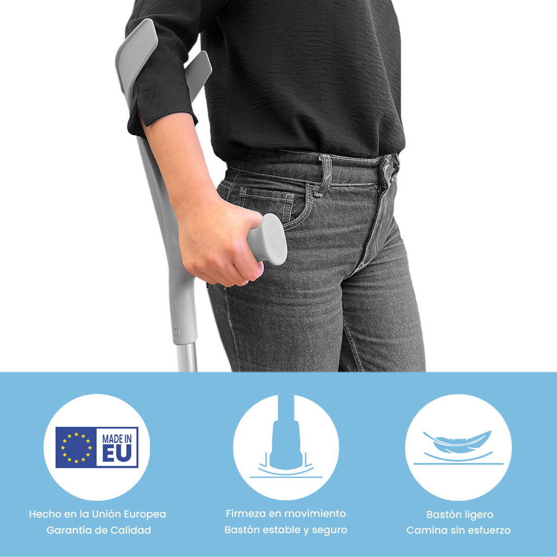 Muleta Bastón Inglés de Aluminio (x1 ud) | Altura Ajustable | Resiste 125 kg | Empuñadura Ergonómica | Diseño Moderno | Color Gris