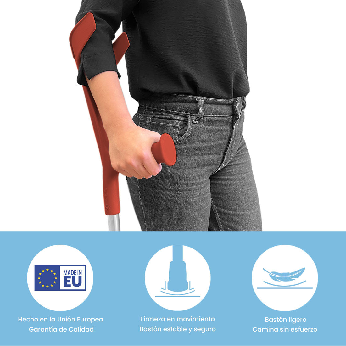 Muleta Bastón Inglés de Aluminio (x1 ud) | Altura Ajustable | Resiste 125 kg | Empuñadura Ergonómica | Diseño Moderno | Color Rojo