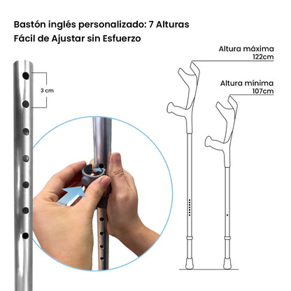 Muleta Bastón Inglés de Aluminio (x1 ud) | Altura Ajustable | Resiste 125 kg | Empuñadura Ergonómica | Diseño Moderno | Color Rojo