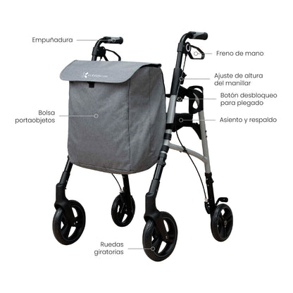 Andador para Adultos con Asiento y Bolsa – Plegable y Ajustable - Gris