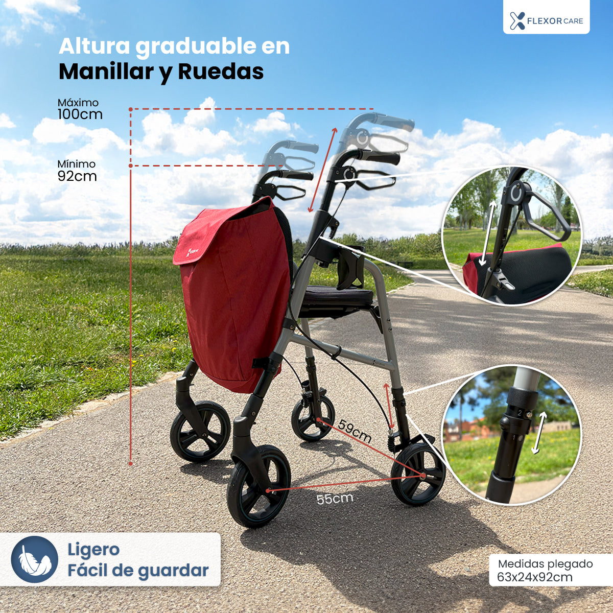 Andador para adultos mayores con asiento y bolsa – Ligero, plegable y ajustable