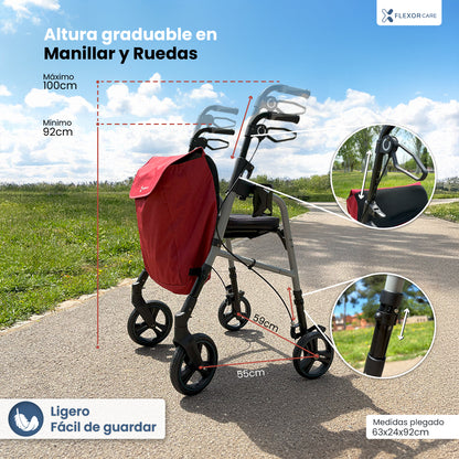 Andador para adultos mayores con asiento y bolsa – Ligero, plegable y ajustable