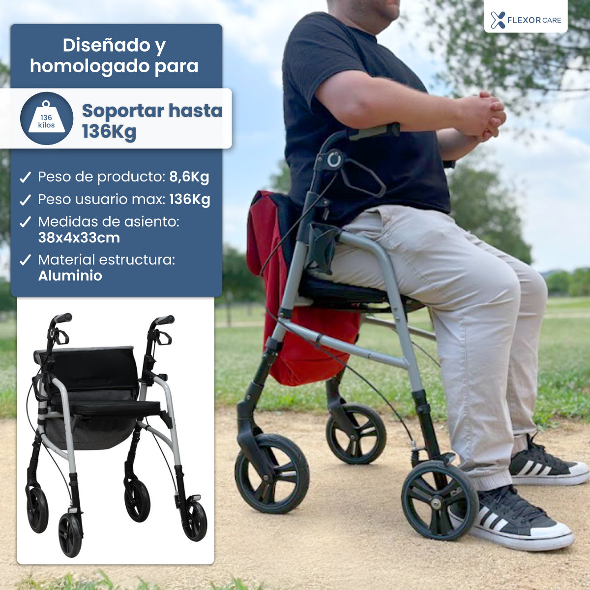 Andador para adultos mayores con asiento y bolsa – Ligero, plegable y ajustable