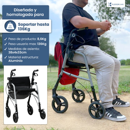 Andador para adultos mayores con asiento y bolsa – Ligero, plegable y ajustable